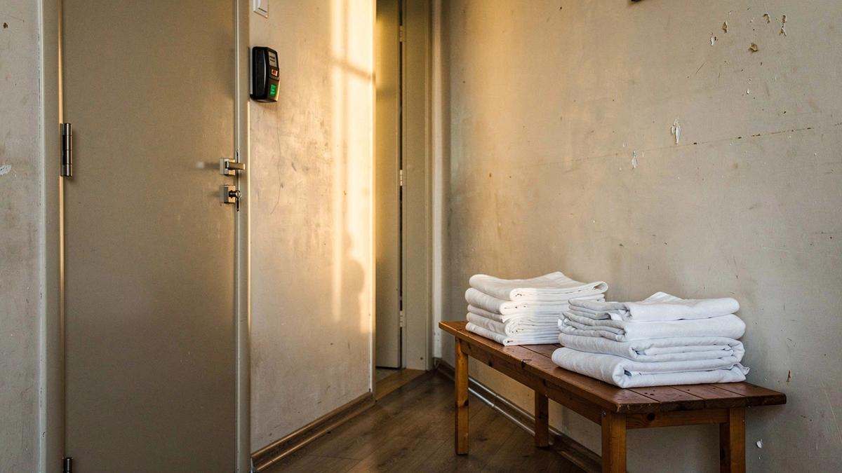 Apartment hallway prepared for a guest arrival with folded linen stacked on a bench in Kyiv